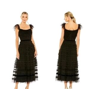 Mac Duggal 8054 Black Ruffled Tulle Midi Dress Size 14 NWT